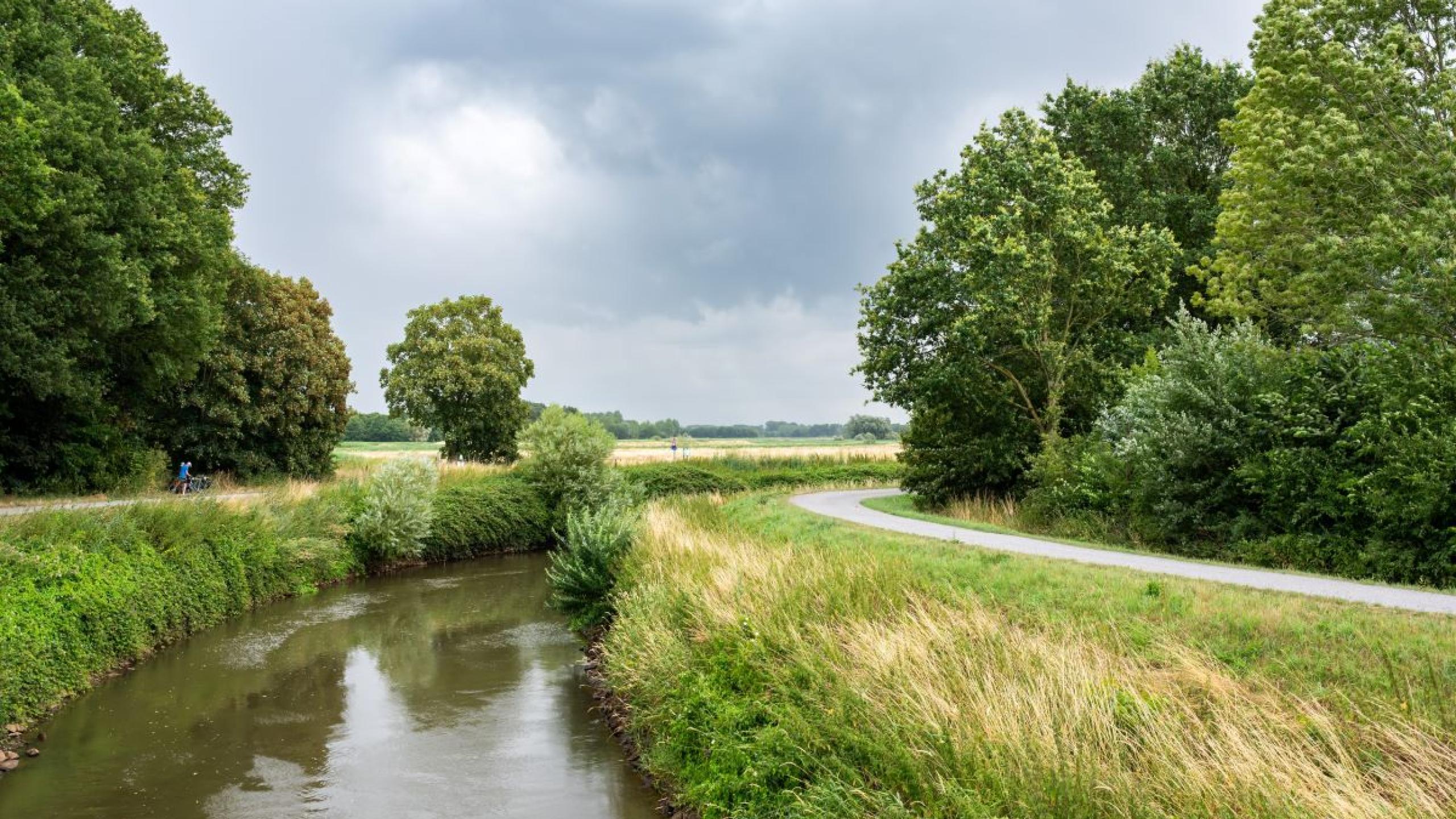 Beek met bomen en jaagpad.